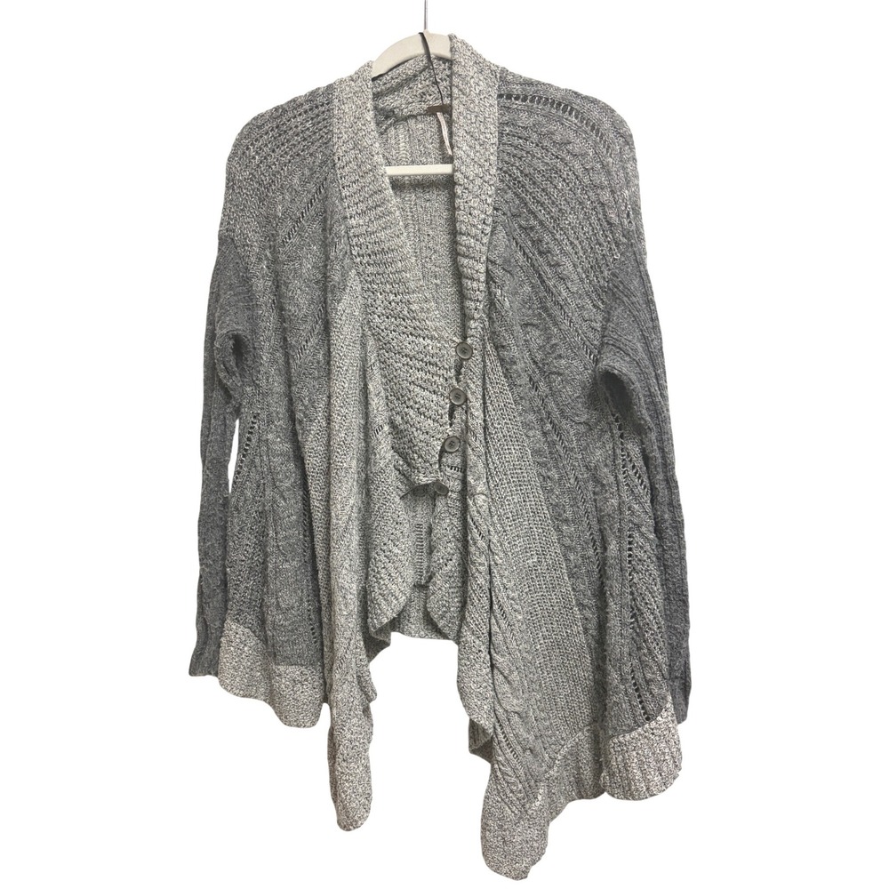 Free People Cable Knit Waterfall Cardigan Grey Sweater Drape Front Size M